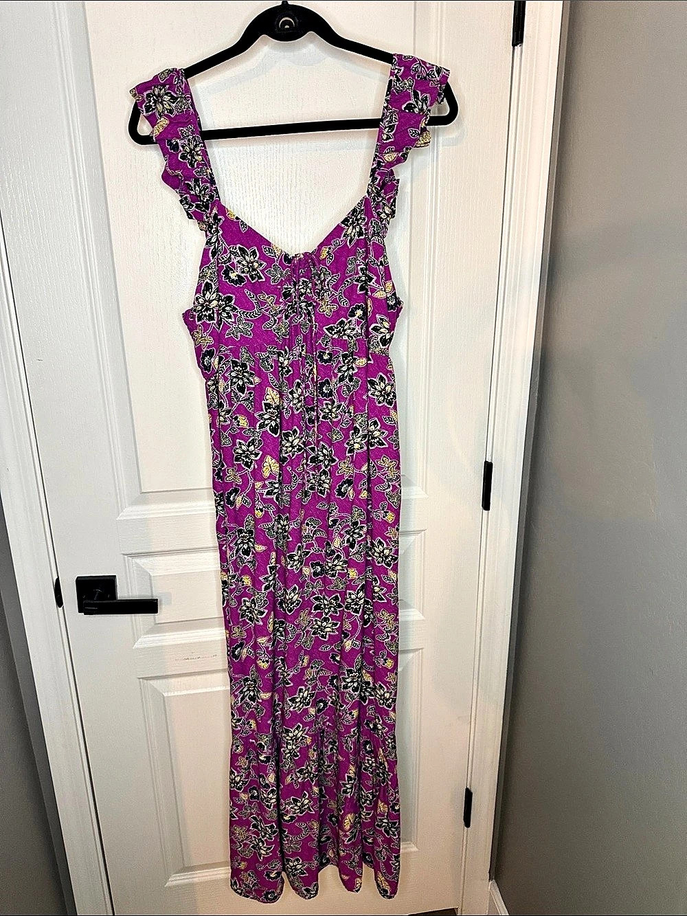 LOFT Floral Ruffle Strappy Maxi Dress Floral Maxi Dress Purple & Black Size 14